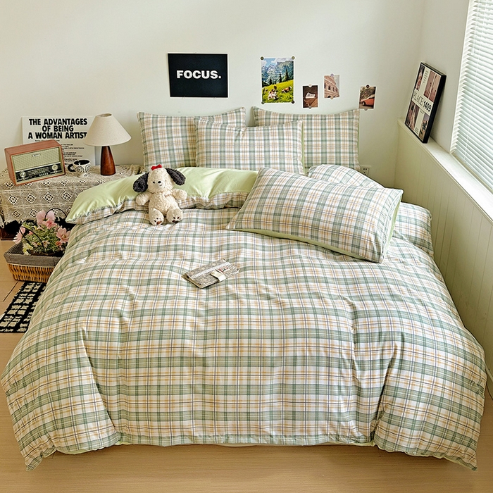 91家纺网 家纺一手货源 找家纺 南通菲度家纺 2025新款ins博主风软糯糯亲肤印花热款纯色格子无印风水洗棉时尚四件套 卢森堡