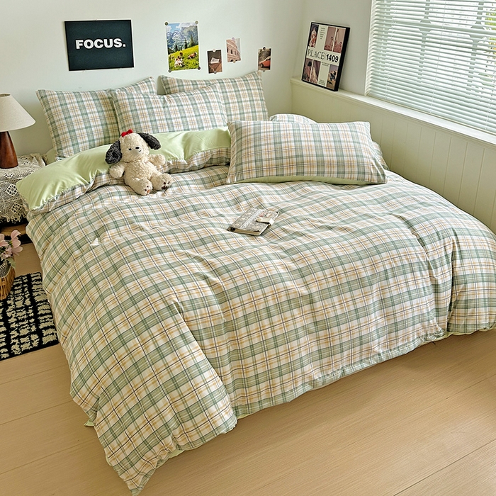 91家纺网 家纺一手货源 找家纺 南通菲度家纺 2025新款ins博主风软糯糯亲肤印花热款纯色格子无印风水洗棉时尚四件套 卢森堡