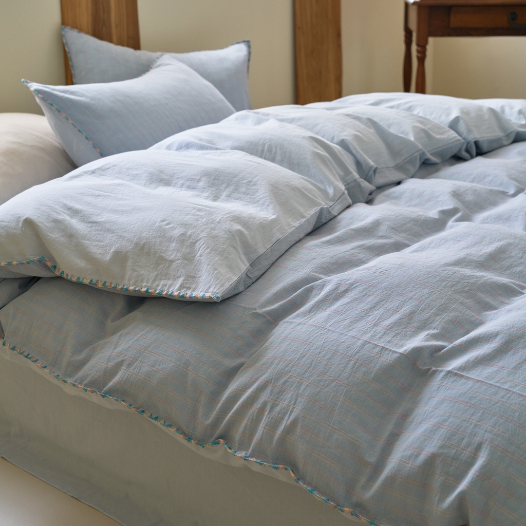 洋铭区（原狠狠爱） 2025新款慕斯VS早安水洗棉彩边色织提花四件套 慕斯天空蓝