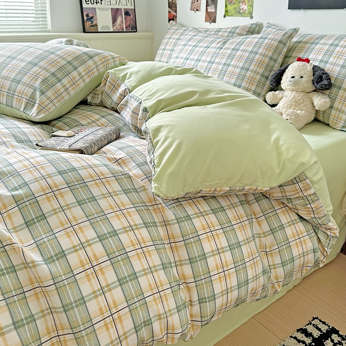 91家纺网 家纺一手货源 找家纺 南通菲度家纺 2025新款ins博主风软糯糯亲肤印花热款纯色格子无印风水洗棉时尚四件套 卢森堡