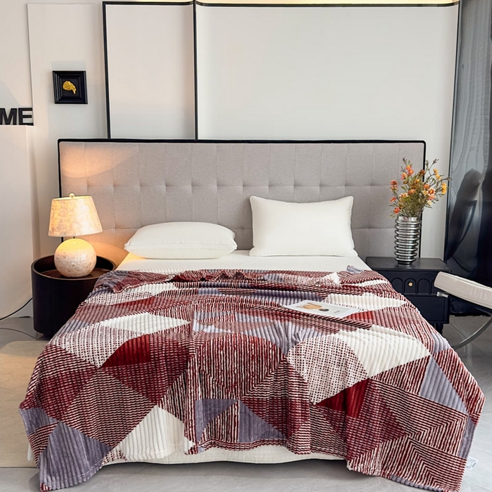 91家纺网 家纺一手货源 找家纺 璐维斯 2025新款菱形格抽条印花毛毯跨境外贸专供 菱形咖格