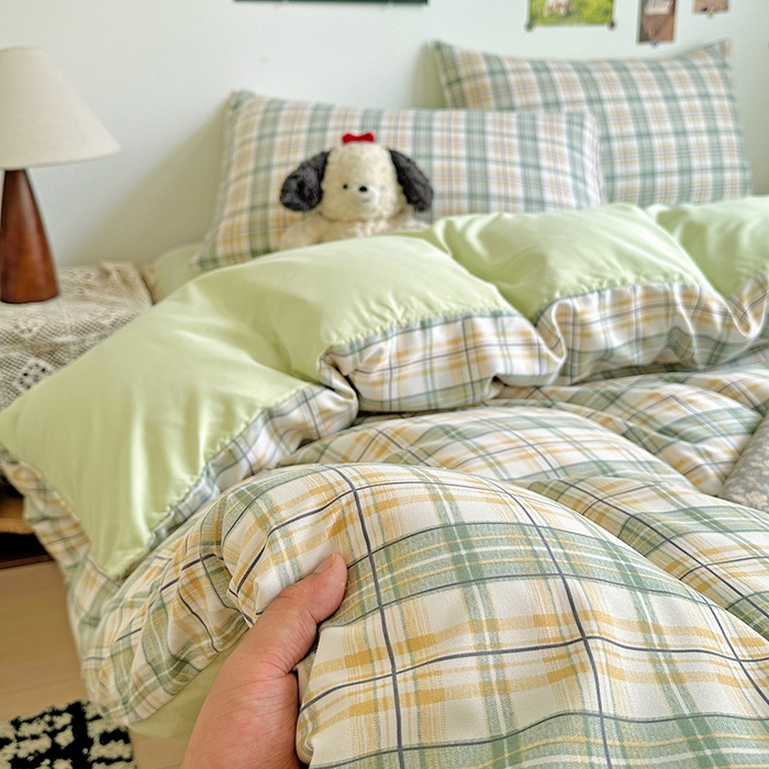 91家纺网 家纺一手货源 找家纺 南通菲度家纺 2025新款ins博主风软糯糯亲肤印花热款纯色格子无印风水洗棉时尚四件套 卢森堡