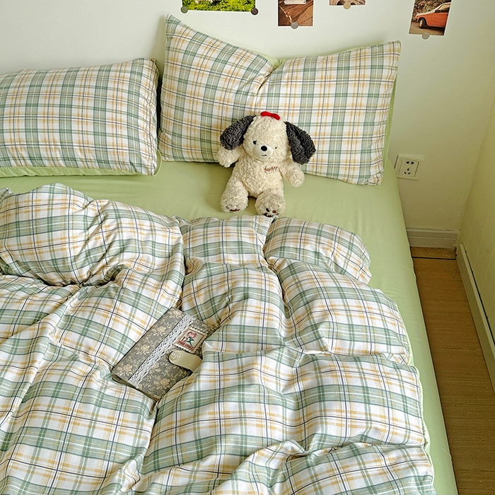 91家纺网 家纺一手货源 找家纺 南通菲度家纺 2025新款ins博主风软糯糯亲肤印花热款纯色格子无印风水洗棉时尚四件套 卢森堡