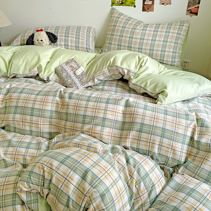 91家纺网 家纺一手货源 找家纺 南通菲度家纺 2025新款ins博主风软糯糯亲肤印花热款纯色格子无印风水洗棉时尚四件套 卢森堡