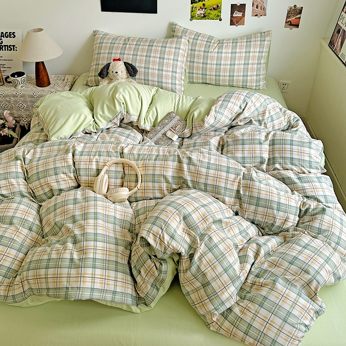 91家纺网 家纺一手货源 找家纺 南通菲度家纺 2025新款ins博主风软糯糯亲肤印花热款纯色格子无印风水洗棉时尚四件套 卢森堡