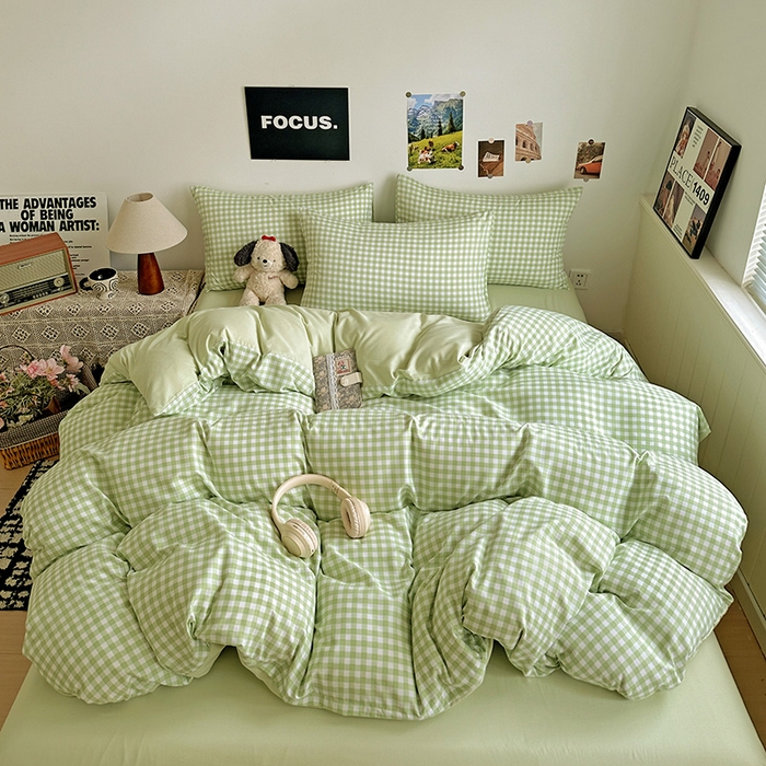 91家纺网 家纺一手货源 找家纺 南通菲度家纺 2025新款ins博主风软糯糯亲肤印花热款纯色格子无印风水洗棉时尚四件套 迈阿密