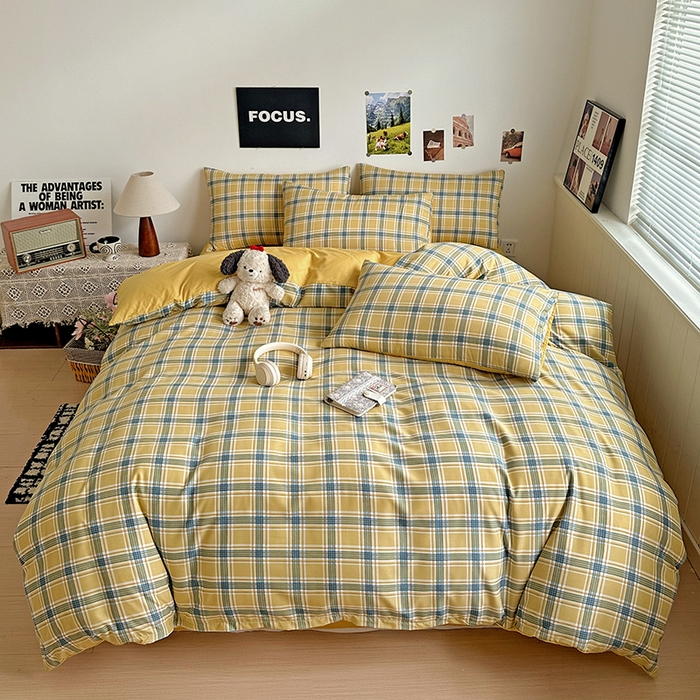 91家纺网 家纺一手货源 找家纺 南通菲度家纺 2025新款ins博主风软糯糯亲肤印花热款纯色格子无印风水洗棉时尚四件套 莫斯科