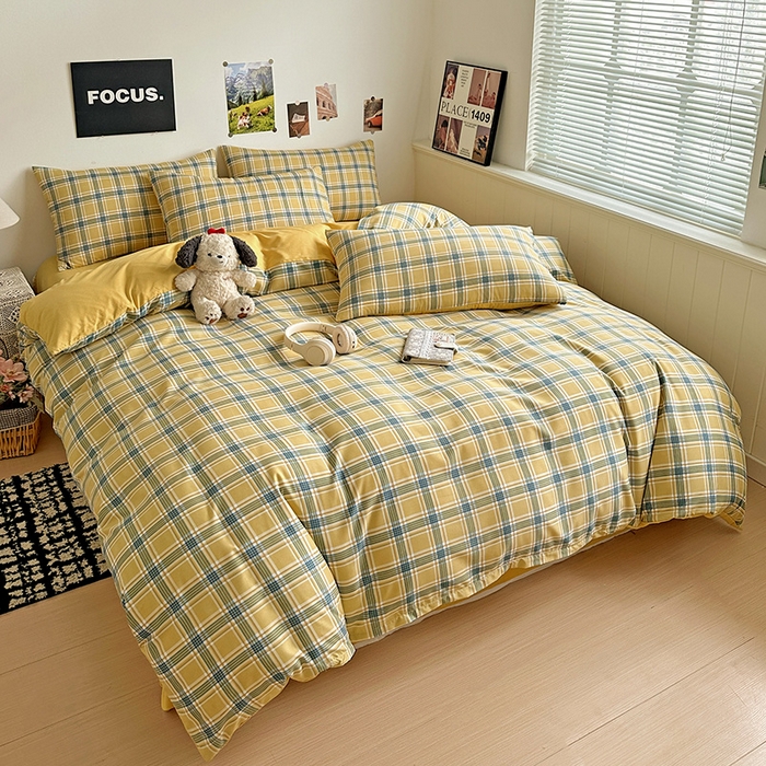 91家纺网 家纺一手货源 找家纺 南通菲度家纺 2025新款ins博主风软糯糯亲肤印花热款纯色格子无印风水洗棉时尚四件套 莫斯科