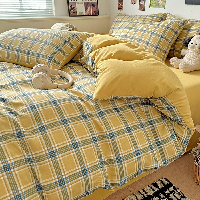 91家纺网 家纺一手货源 找家纺 南通菲度家纺 2025新款ins博主风软糯糯亲肤印花热款纯色格子无印风水洗棉时尚四件套 莫斯科