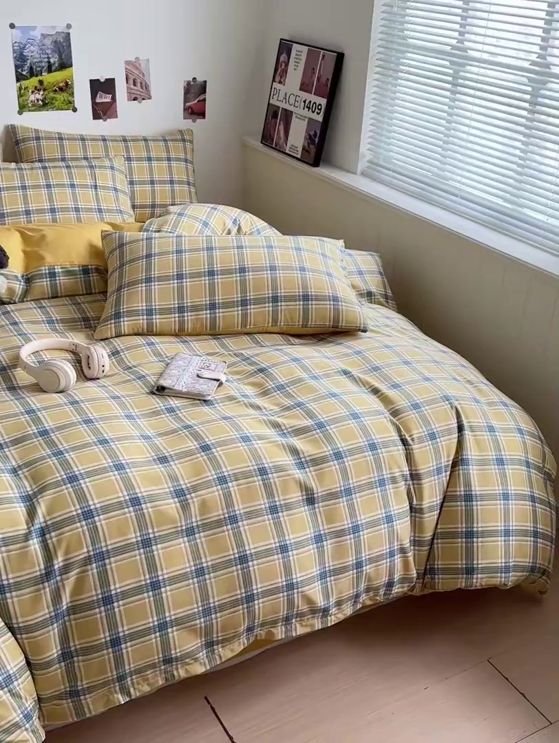 91家纺网 家纺一手货源 找家纺 南通菲度家纺 2025新款ins博主风软糯糯亲肤印花热款纯色格子无印风水洗棉时尚四件套 莫斯科