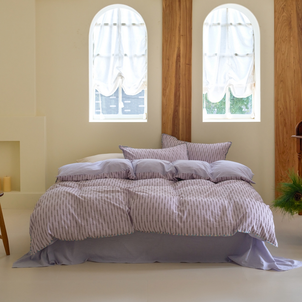 91家纺网 家纺一手货源 找家纺 洋铭区（原狠狠爱） 2025新款慕斯VS早安水洗棉彩边色织提花四件套 慕斯紫