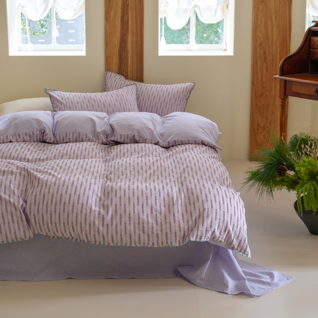 91家纺网 家纺一手货源 找家纺 洋铭区（原狠狠爱） 2025新款慕斯VS早安水洗棉彩边色织提花四件套 慕斯紫