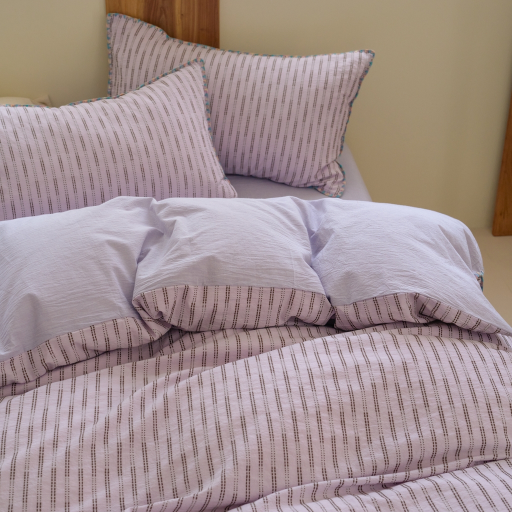 91家纺网 家纺一手货源 找家纺 洋铭区（原狠狠爱） 2025新款慕斯VS早安水洗棉彩边色织提花四件套 慕斯紫