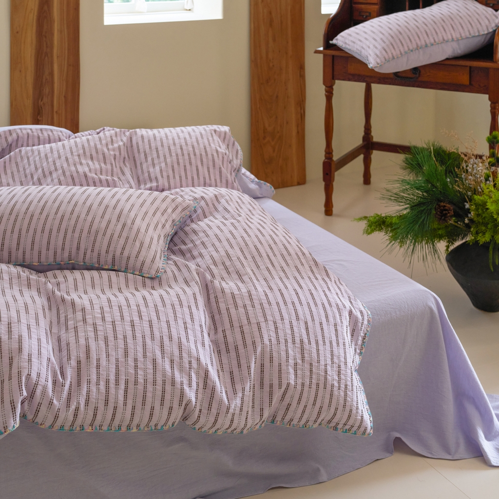 91家纺网 家纺一手货源 找家纺 洋铭区（原狠狠爱） 2025新款慕斯VS早安水洗棉彩边色织提花四件套 慕斯紫