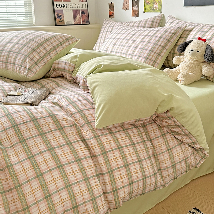 91家纺网 家纺一手货源 找家纺 南通菲度家纺 2025新款ins博主风软糯糯亲肤印花热款纯色格子无印风水洗棉时尚四件套 西雅图