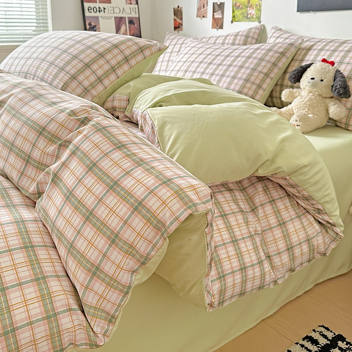 91家纺网 家纺一手货源 找家纺 南通菲度家纺 2025新款ins博主风软糯糯亲肤印花热款纯色格子无印风水洗棉时尚四件套 西雅图