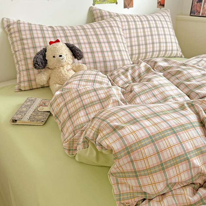 91家纺网 家纺一手货源 找家纺 南通菲度家纺 2025新款ins博主风软糯糯亲肤印花热款纯色格子无印风水洗棉时尚四件套 西雅图