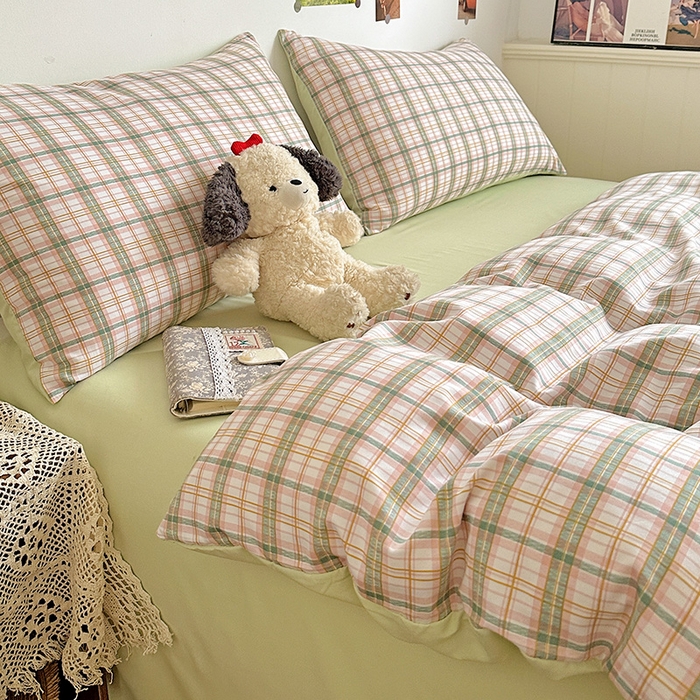 91家纺网 家纺一手货源 找家纺 南通菲度家纺 2025新款ins博主风软糯糯亲肤印花热款纯色格子无印风水洗棉时尚四件套 西雅图