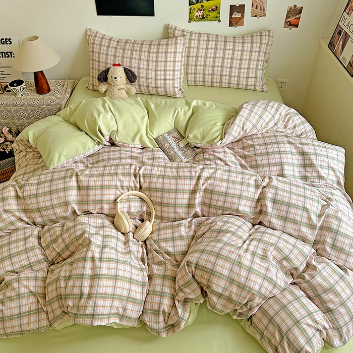 91家纺网 家纺一手货源 找家纺 南通菲度家纺 2025新款ins博主风软糯糯亲肤印花热款纯色格子无印风水洗棉时尚四件套 西雅图