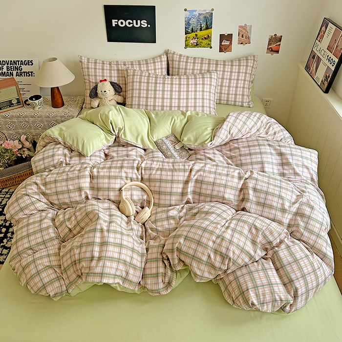 91家纺网 家纺一手货源 找家纺 南通菲度家纺 2025新款ins博主风软糯糯亲肤印花热款纯色格子无印风水洗棉时尚四件套 西雅图