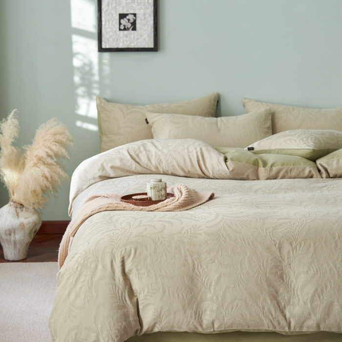 91家纺网 家纺一手货源 找家纺 眷恋家纺 2025年全棉纯棉染色提花四件套-沄梦 沄梦-青草绿