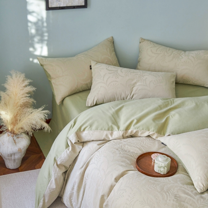 91家纺网 家纺一手货源 找家纺 眷恋家纺 2025年全棉纯棉染色提花四件套-沄梦 沄梦-青草绿