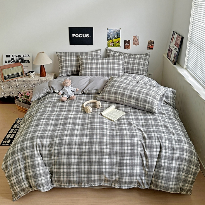 91家纺网 家纺一手货源 找家纺 南通菲度家纺 2025新款ins博主风软糯糯亲肤印花热款纯色格子无印风水洗棉时尚四件套 雅典