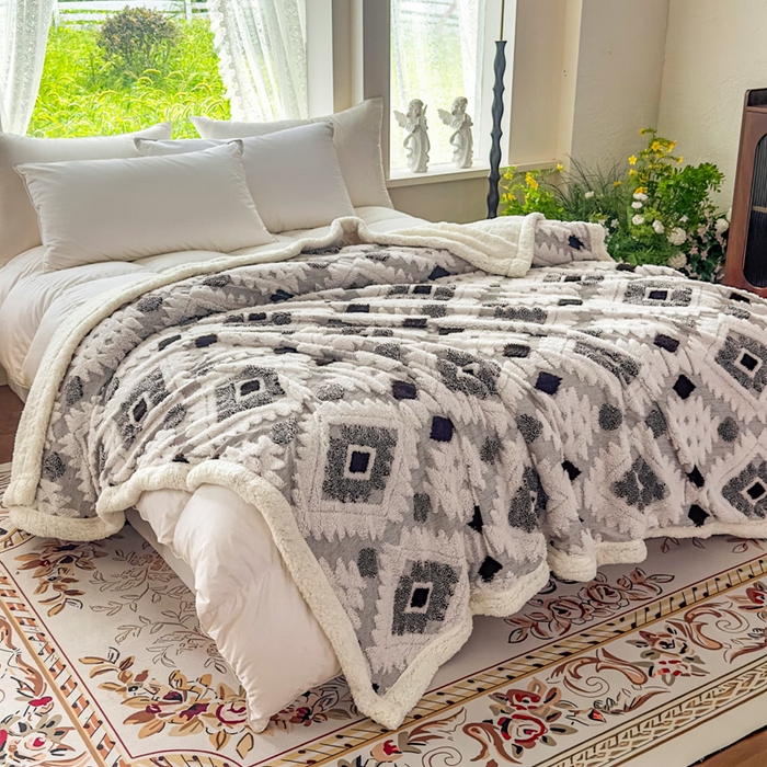 91家纺网 家纺一手货源 找家纺 （总）璐维斯 2025新款加厚镂空阳离子双层羊羔绒毛毯休闲盖毯—跨境外贸专供