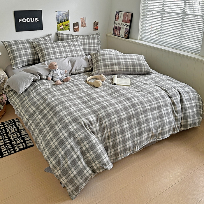 91家纺网 家纺一手货源 找家纺 南通菲度家纺 2025新款ins博主风软糯糯亲肤印花热款纯色格子无印风水洗棉时尚四件套 雅典