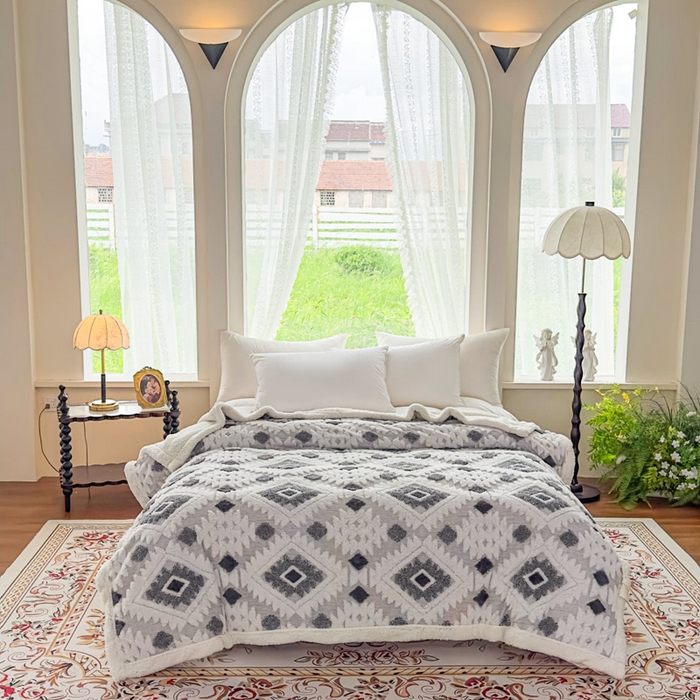 91家纺网 家纺一手货源 找家纺 （总）璐维斯 2025新款加厚镂空阳离子双层羊羔绒毛毯休闲盖毯—跨境外贸专供