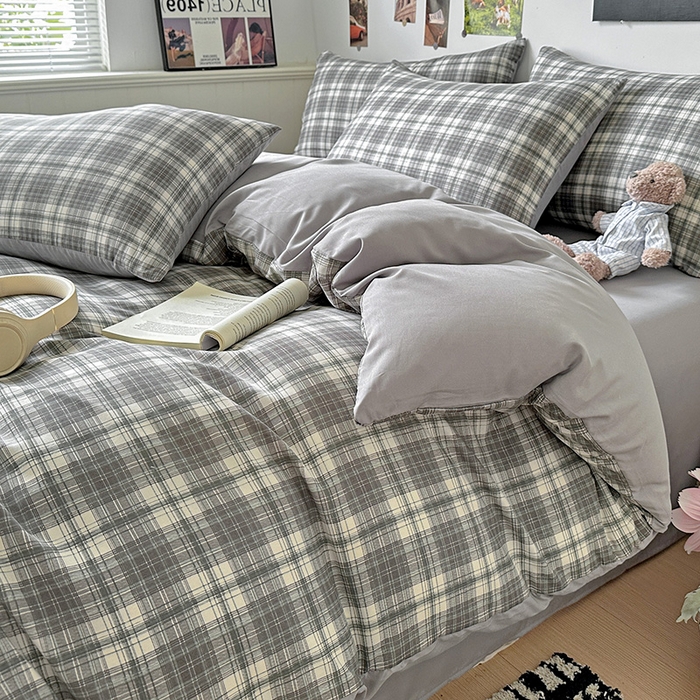 91家纺网 家纺一手货源 找家纺 南通菲度家纺 2025新款ins博主风软糯糯亲肤印花热款纯色格子无印风水洗棉时尚四件套 雅典