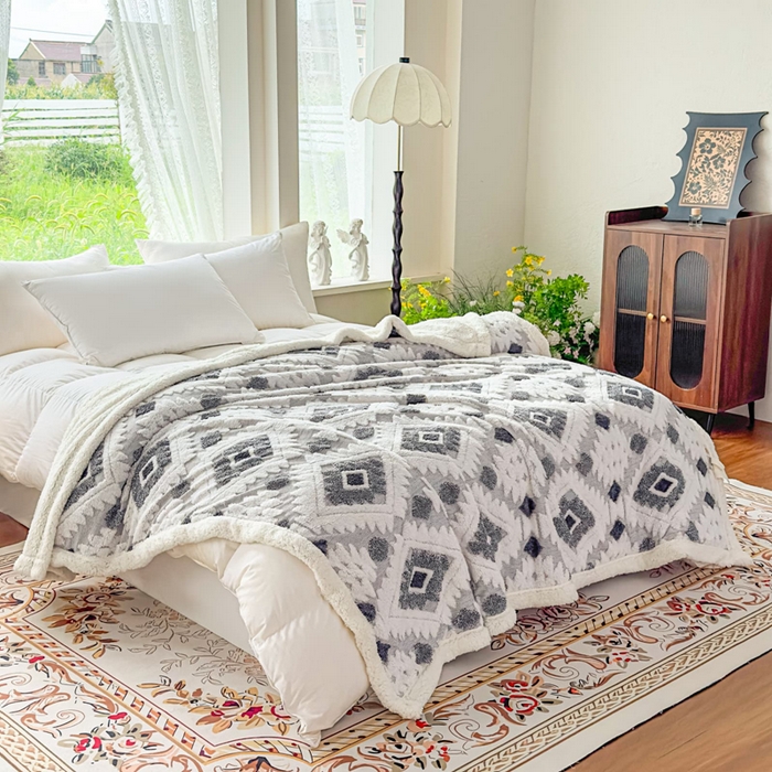 91家纺网 家纺一手货源 找家纺 （总）璐维斯 2025新款加厚镂空阳离子双层羊羔绒毛毯休闲盖毯—跨境外贸专供