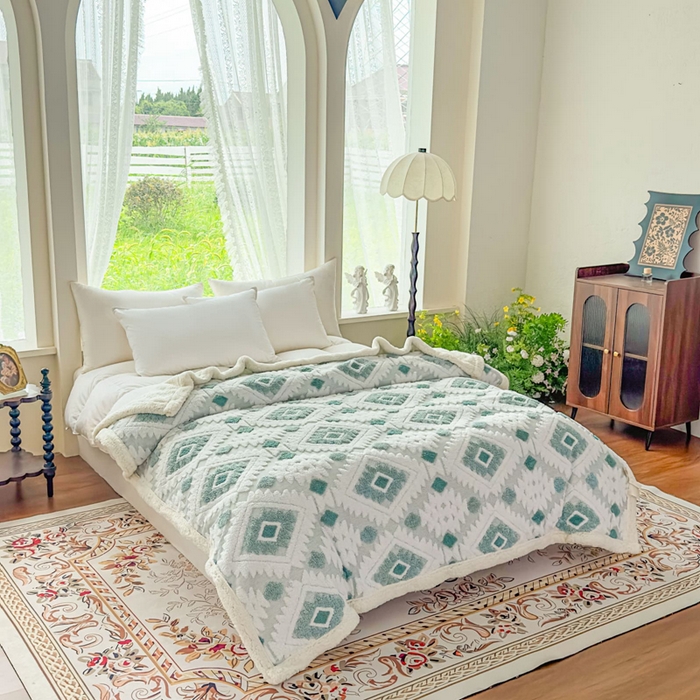 91家纺网 家纺一手货源 找家纺 璐维斯 2025新款加厚镂空阳离子双层羊羔绒毛毯休闲盖毯—跨境外贸专供 阳离子-薄荷蓝