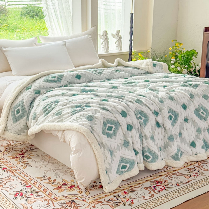 91家纺网 家纺一手货源 找家纺 璐维斯 2025新款加厚镂空阳离子双层羊羔绒毛毯休闲盖毯—跨境外贸专供 阳离子-薄荷蓝