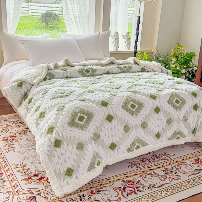 91家纺网 家纺一手货源 找家纺 璐维斯 2025新款加厚镂空阳离子双层羊羔绒毛毯休闲盖毯—跨境外贸专供 阳离子-嫩叶绿