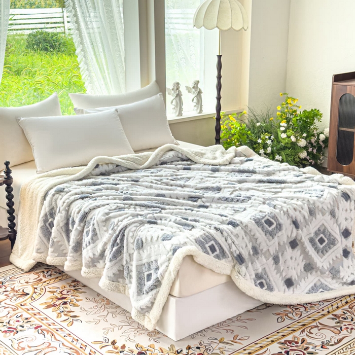 91家纺网 家纺一手货源 找家纺 璐维斯 2025新款加厚镂空阳离子双层羊羔绒毛毯休闲盖毯—跨境外贸专供 阳离子-浅灰