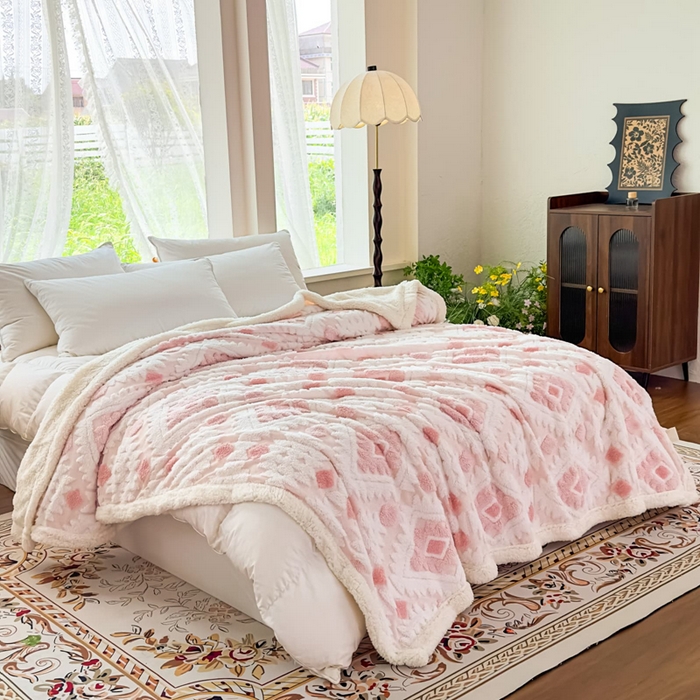 91家纺网 家纺一手货源 找家纺 （总）璐维斯 2025新款加厚镂空阳离子双层羊羔绒毛毯休闲盖毯—跨境外贸专供