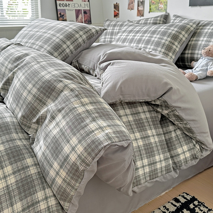 91家纺网 家纺一手货源 找家纺 南通菲度家纺 2025新款ins博主风软糯糯亲肤印花热款纯色格子无印风水洗棉时尚四件套 雅典