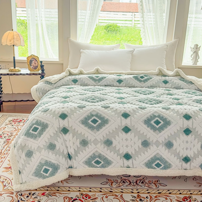 91家纺网 家纺一手货源 找家纺 璐维斯 2025新款加厚镂空阳离子双层羊羔绒毛毯休闲盖毯—跨境外贸专供 阳离子-薄荷蓝