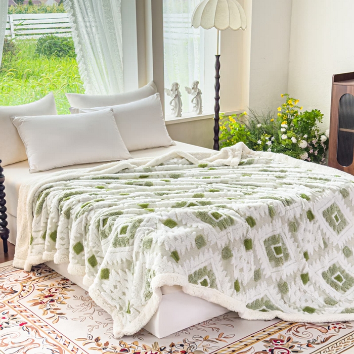 91家纺网 家纺一手货源 找家纺 璐维斯 2025新款加厚镂空阳离子双层羊羔绒毛毯休闲盖毯—跨境外贸专供 阳离子-嫩叶绿