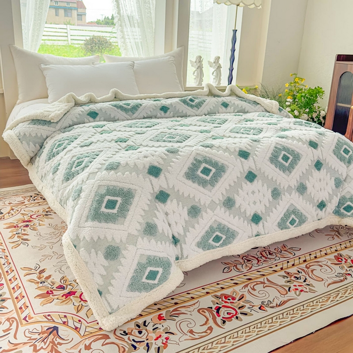 91家纺网 家纺一手货源 找家纺 璐维斯 2025新款加厚镂空阳离子双层羊羔绒毛毯休闲盖毯—跨境外贸专供 阳离子-薄荷蓝