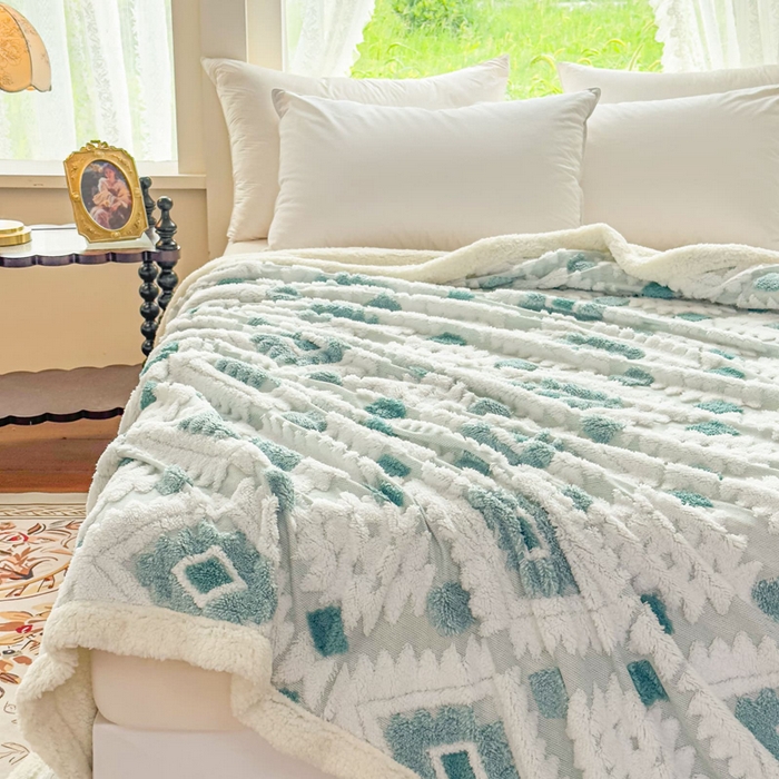 91家纺网 家纺一手货源 找家纺 璐维斯 2025新款加厚镂空阳离子双层羊羔绒毛毯休闲盖毯—跨境外贸专供 阳离子-薄荷蓝