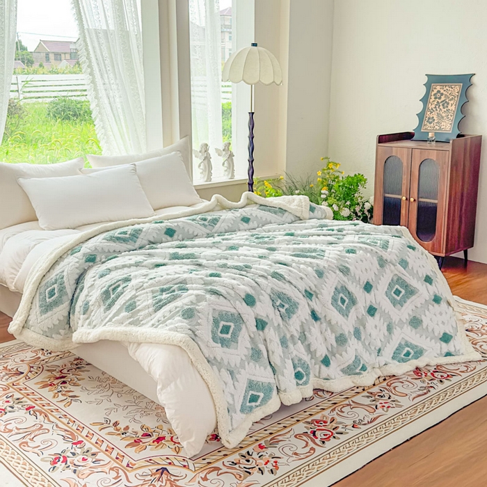 91家纺网 家纺一手货源 找家纺 （总）璐维斯 2025新款加厚镂空阳离子双层羊羔绒毛毯休闲盖毯—跨境外贸专供