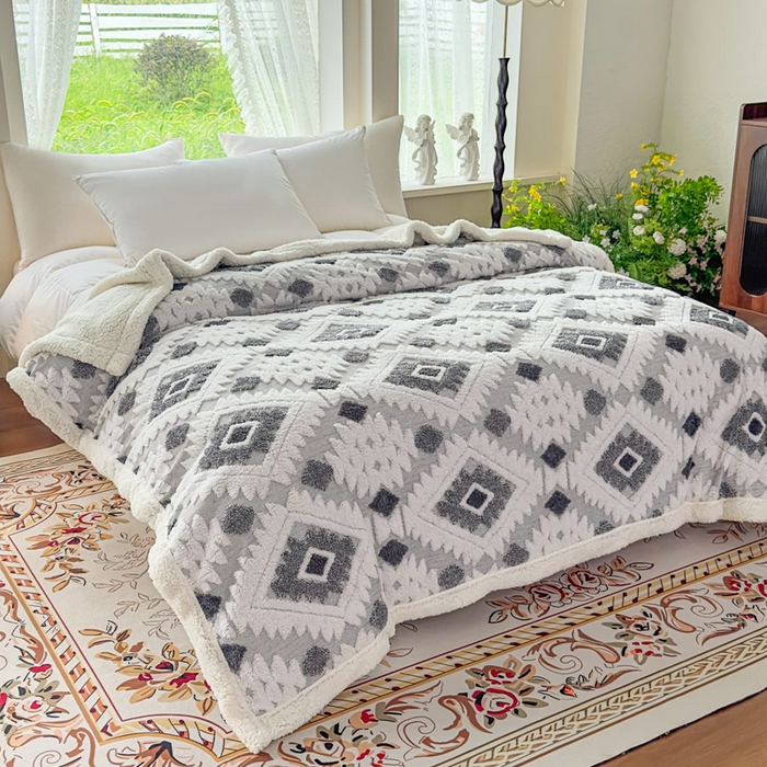 91家纺网 家纺一手货源 找家纺 （总）璐维斯 2025新款加厚镂空阳离子双层羊羔绒毛毯休闲盖毯—跨境外贸专供