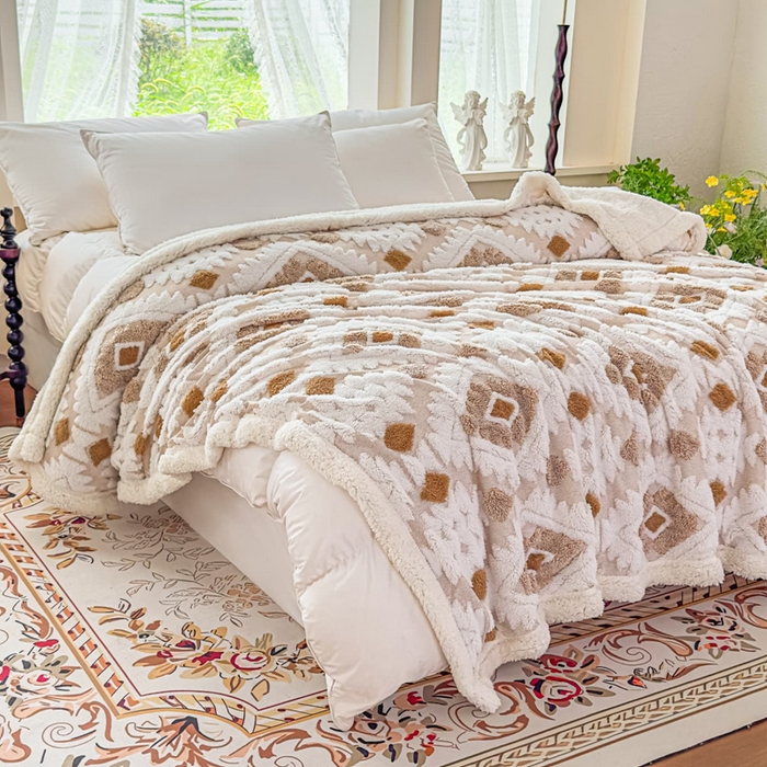 璐维斯 2025新款加厚镂空阳离子双层羊羔绒毛毯休闲盖毯—跨境外贸专供 阳离子-驼色