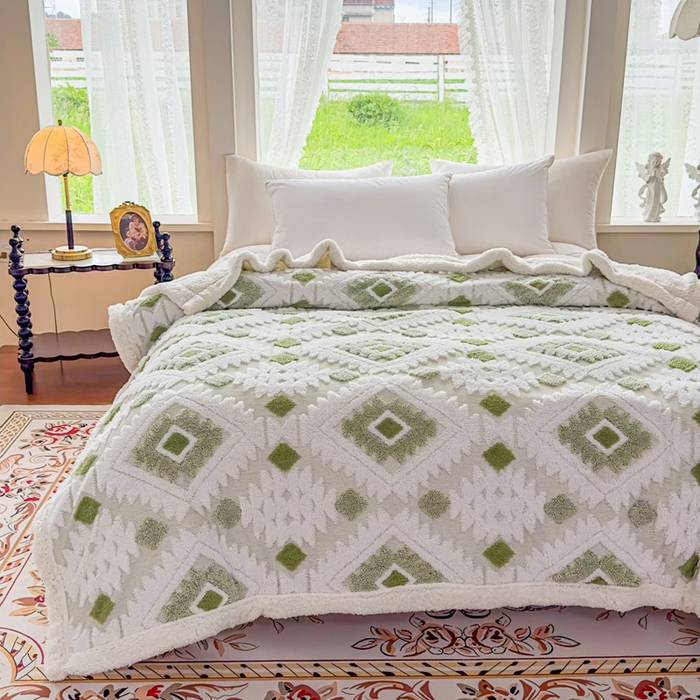 91家纺网 家纺一手货源 找家纺 璐维斯 2025新款加厚镂空阳离子双层羊羔绒毛毯休闲盖毯—跨境外贸专供 阳离子-嫩叶绿