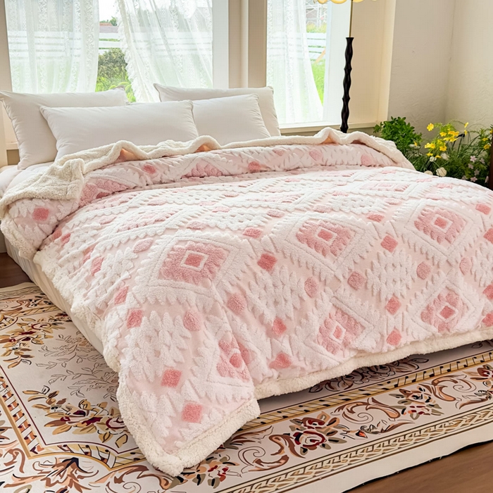 91家纺网 家纺一手货源 找家纺 璐维斯 2025新款加厚镂空阳离子双层羊羔绒毛毯休闲盖毯—跨境外贸专供 阳离子-粉色