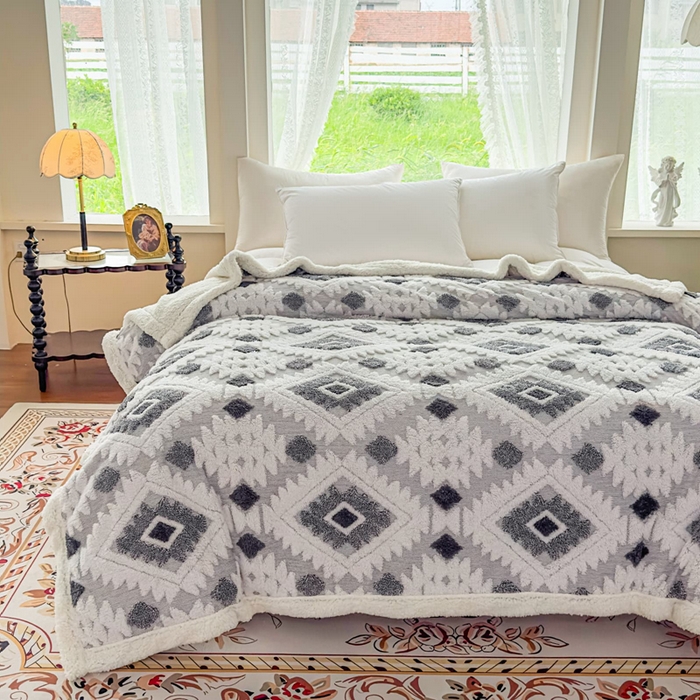 91家纺网 家纺一手货源 找家纺 （总）璐维斯 2025新款加厚镂空阳离子双层羊羔绒毛毯休闲盖毯—跨境外贸专供