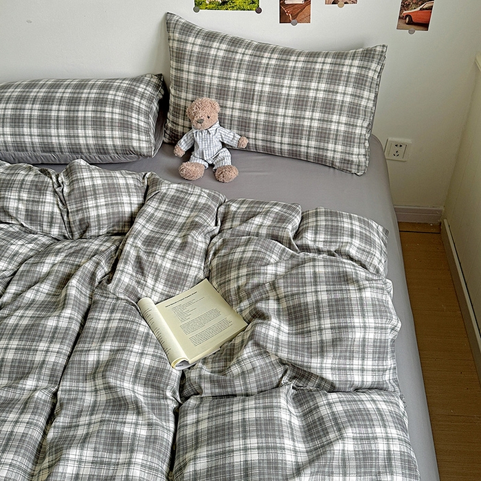 91家纺网 家纺一手货源 找家纺 南通菲度家纺 2025新款ins博主风软糯糯亲肤印花热款纯色格子无印风水洗棉时尚四件套 雅典