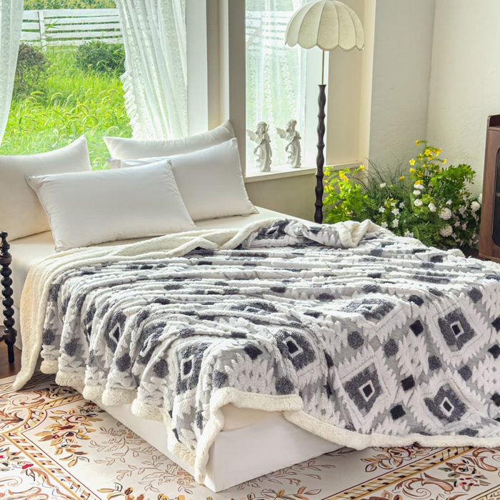 91家纺网 家纺一手货源 找家纺 （总）璐维斯 2025新款加厚镂空阳离子双层羊羔绒毛毯休闲盖毯—跨境外贸专供